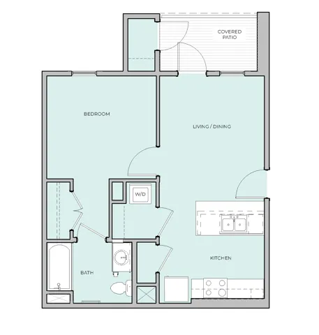 A floor plan with a bedroom, living/dining area, kitchen, and bathroom.